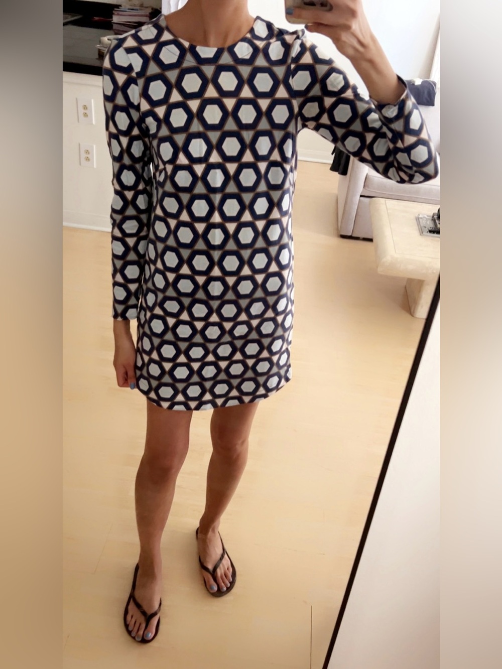 Brand New H&M Navy Blue Multi Geometric Long Sleeve Crew Neck Tunic Mini Dress